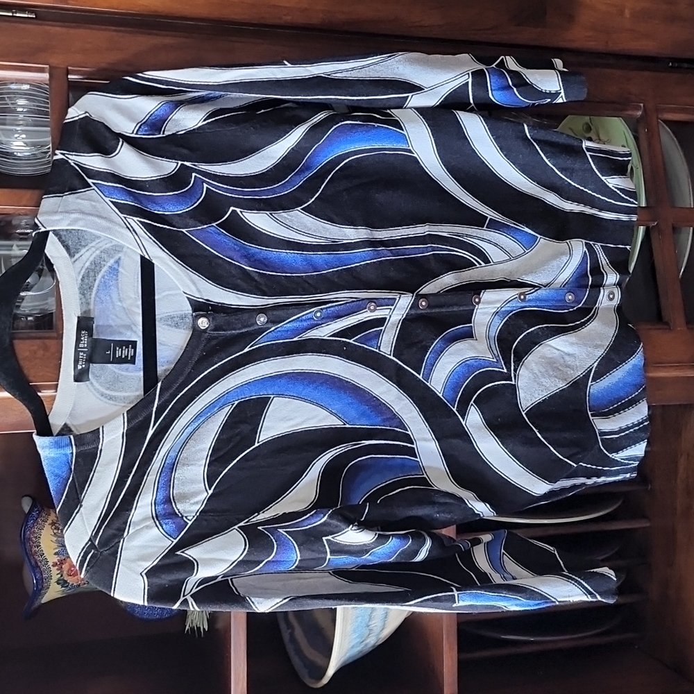 White House Black Market blue, black with silver sparkle sweater.